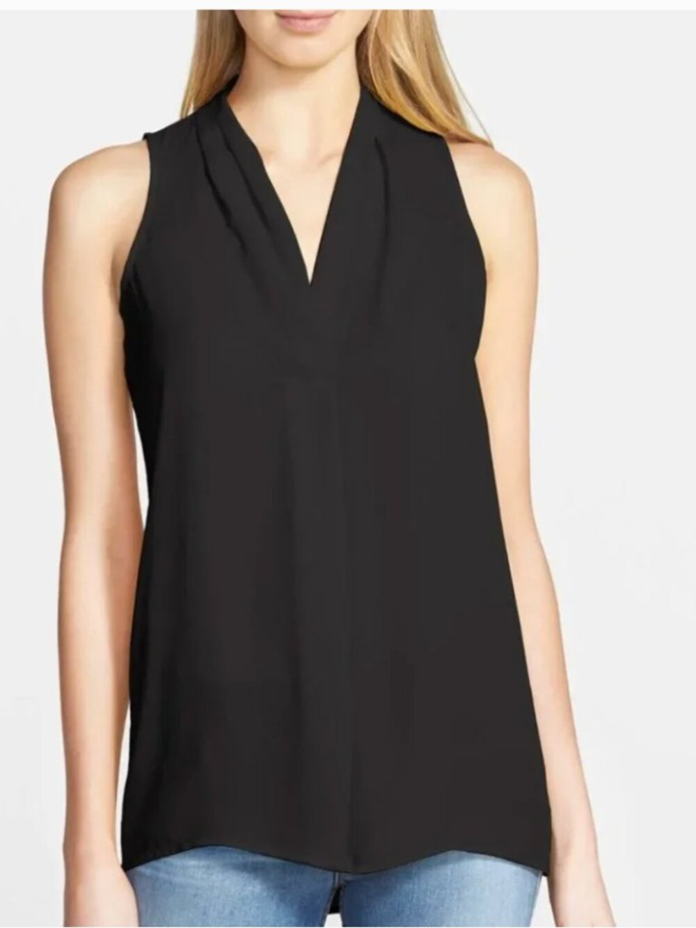 Vince Camuto Black Pleated V-Neck Sleeveless Blouse Size L